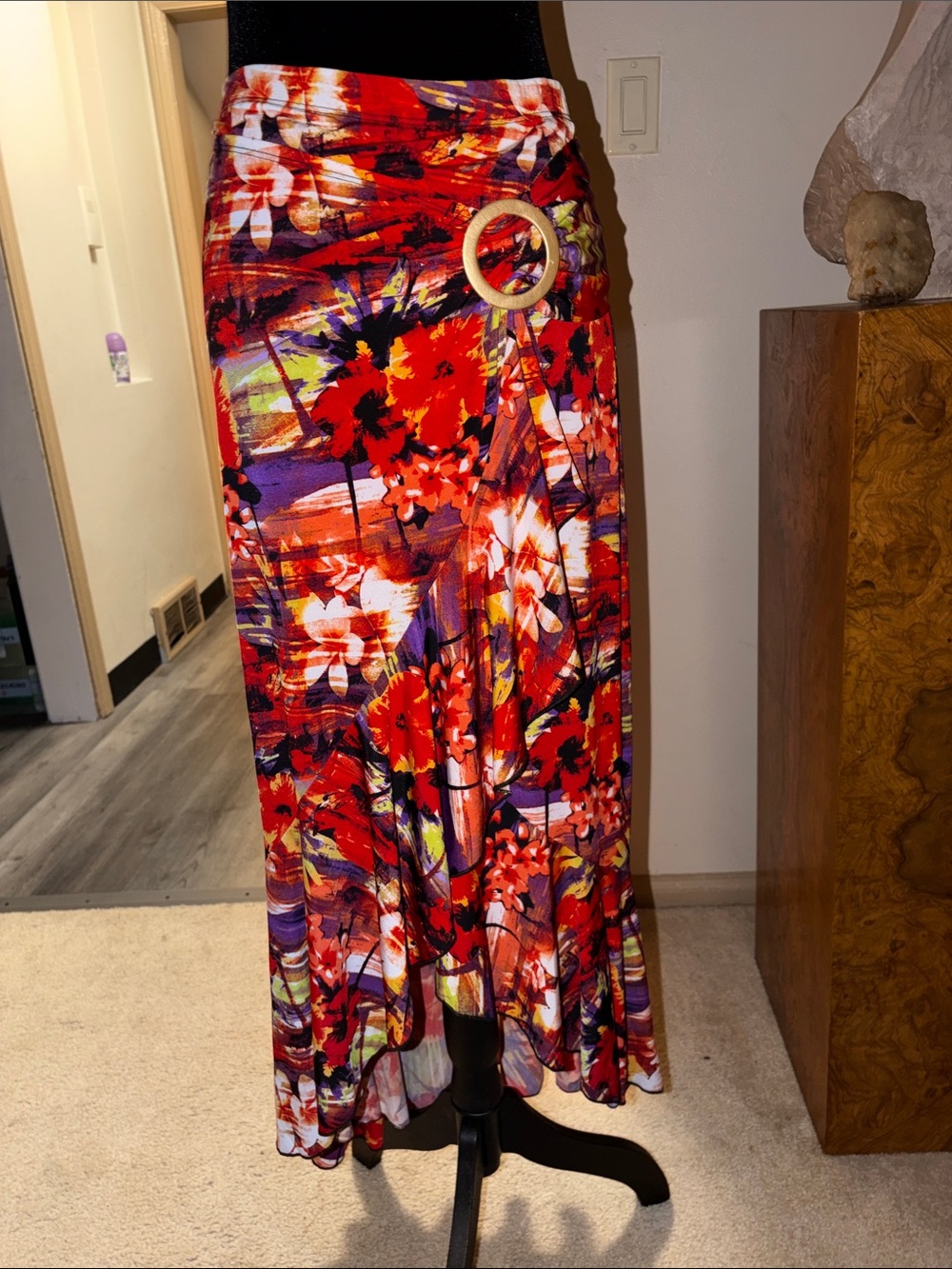 Ashley Stewart Bold Red Multi Floral Maxi Skirt with Ring Detail